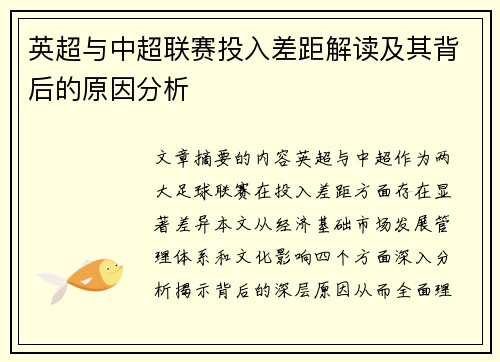 英超与中超联赛投入差距解读及其背后的原因分析 英超与中超联赛投入差距解读及其背后的原因分析
